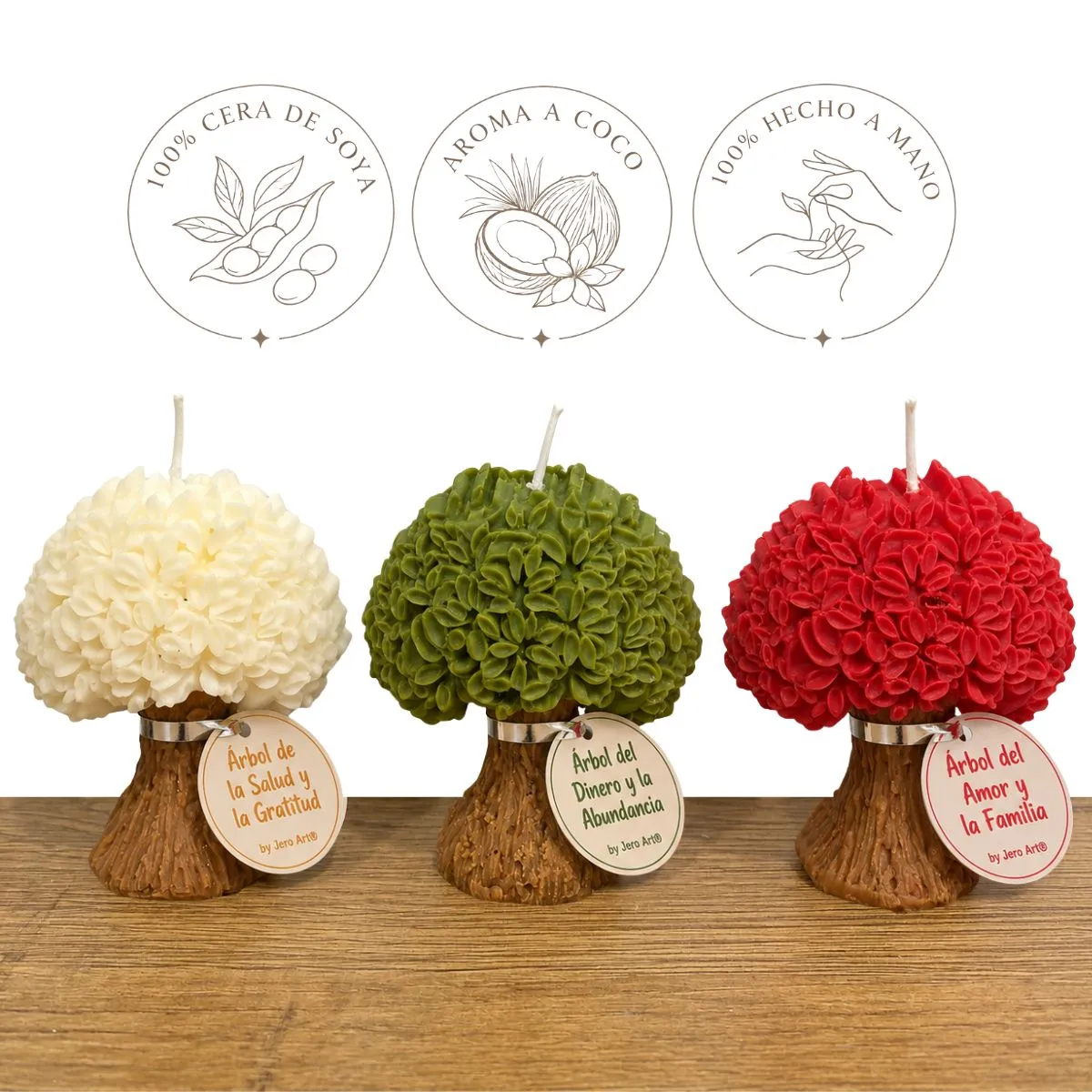 Velas Árbol de la Vida: 100% cera de soya, aroma a coco, hechas a mano