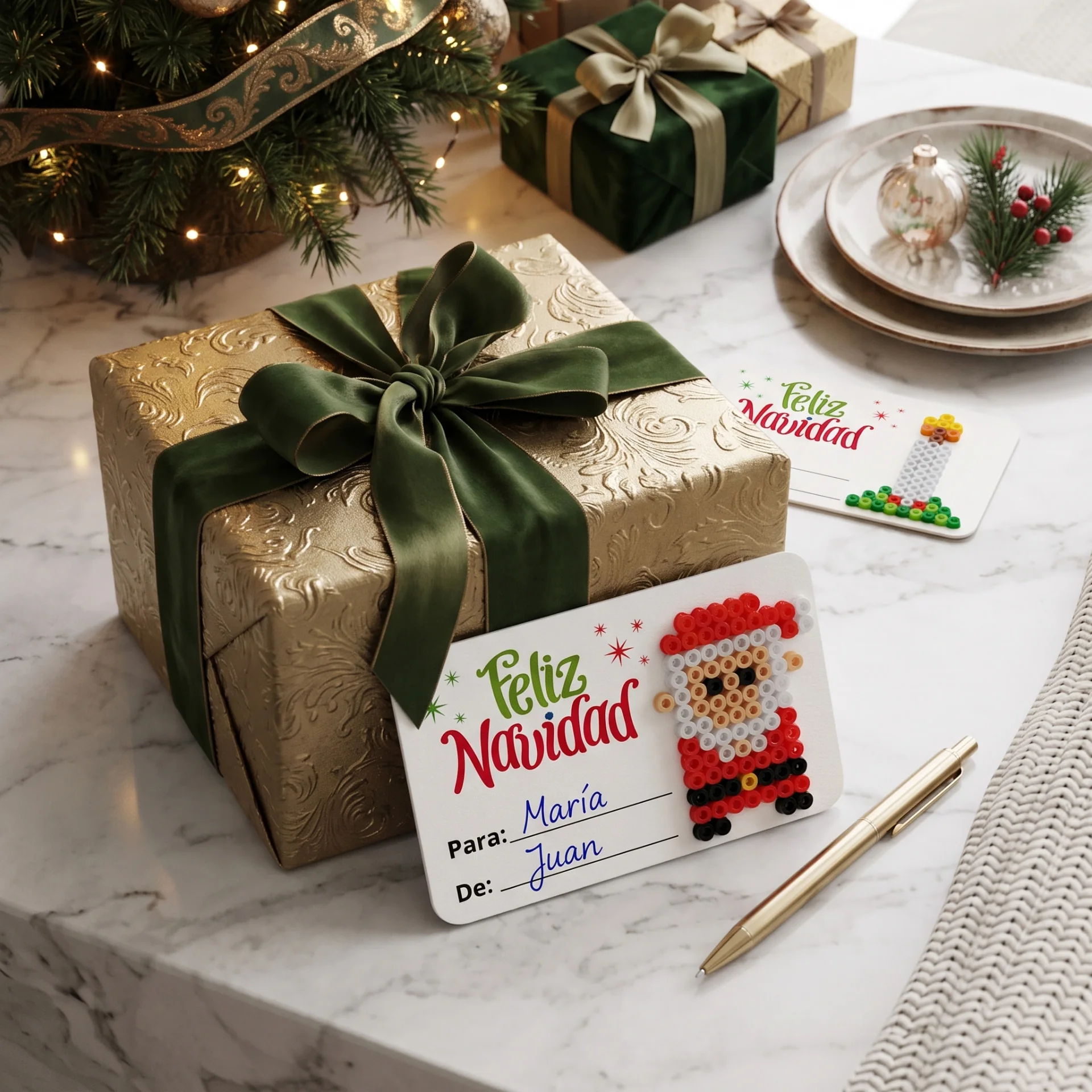 Tarjeta navideña artesanal con espacios para escribir junto a un regalo dorado