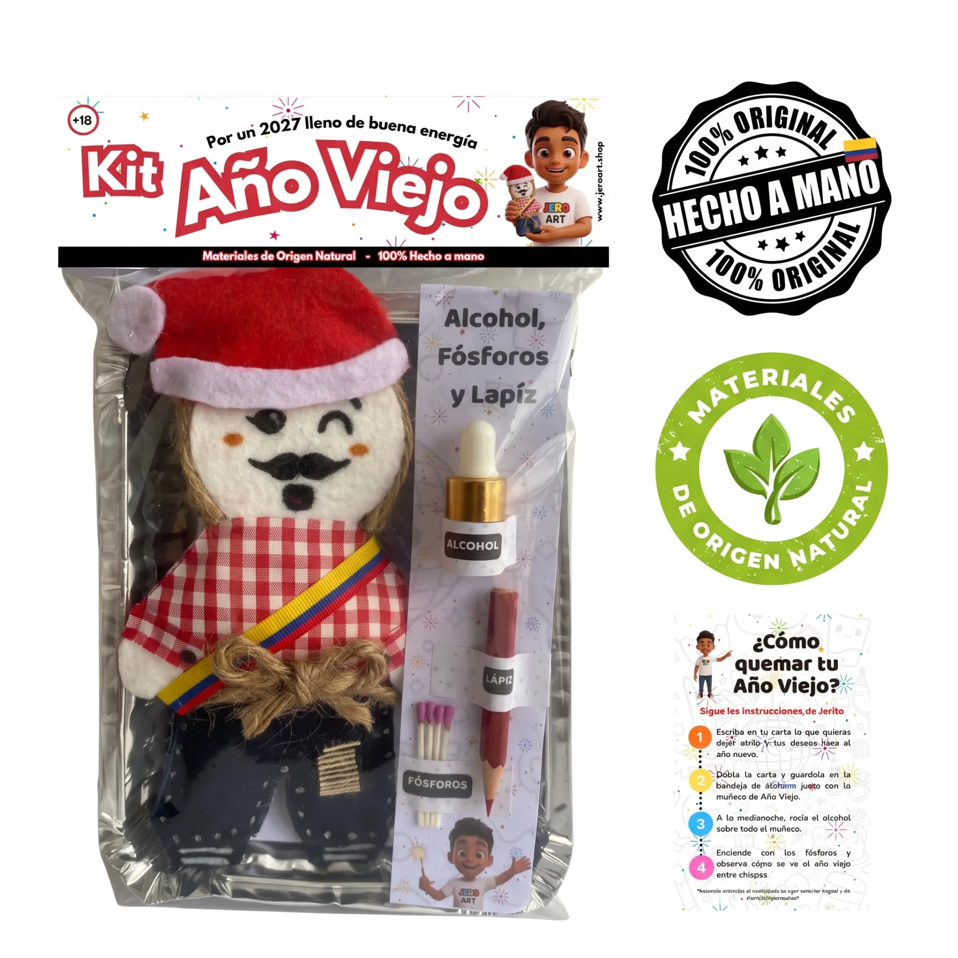 Kit Año Viejo Jero Art empacado: muñeco hecho a mano, alcohol, fósforos, lápiz e instructivo, con sellos de 100% hecho a mano y materiales de origen natural