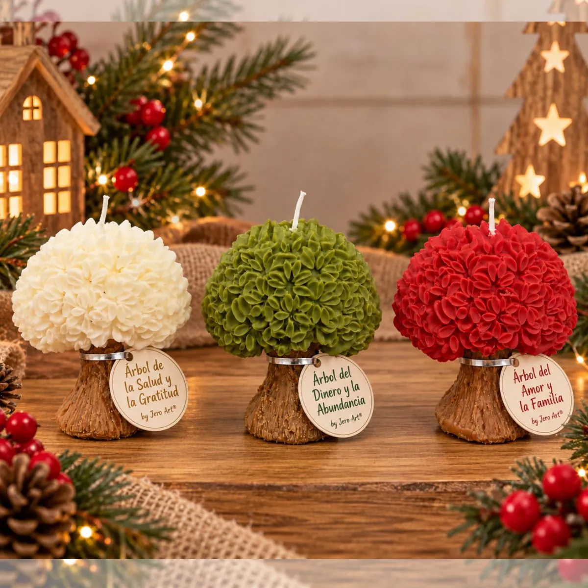 Set de 3 velas Árbol de la Vida en cera de soya, blanca, verde y roja, en decoración navideña