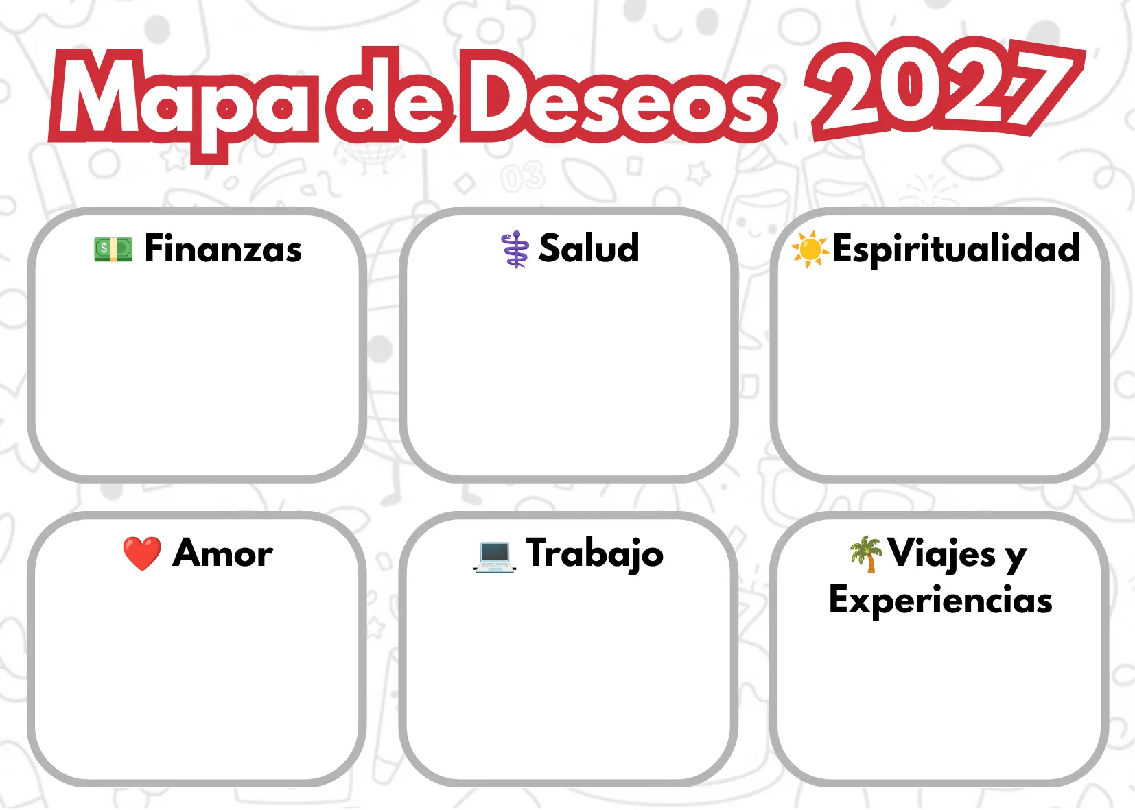 Mapa de Deseos 2027 de JeroArt para escribir metas de finanzas, salud, espiritualidad, amor, trabajo y viajes