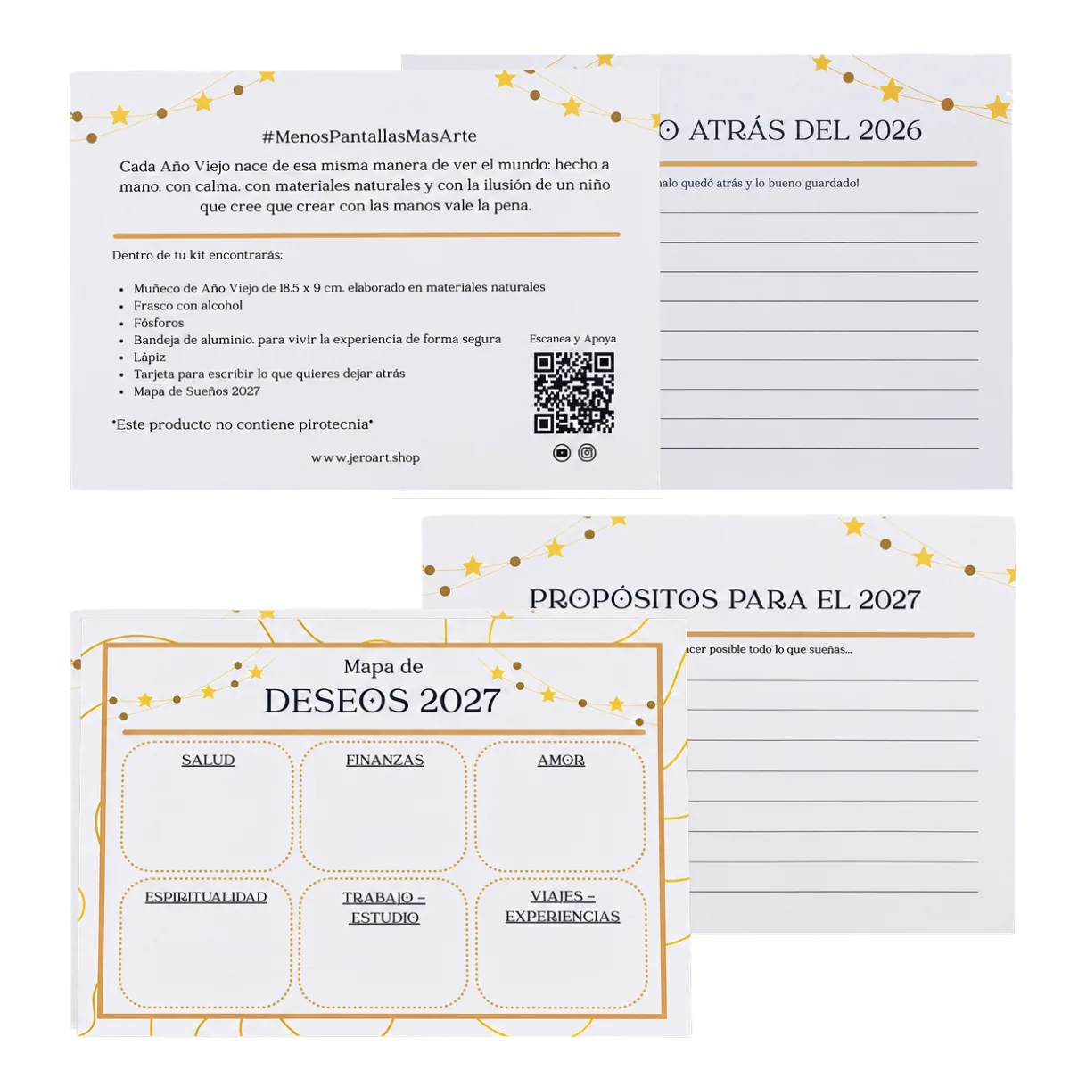 Tarjetas del kit: lo que dejo atrás, propósitos y Mapa de Deseos 2027