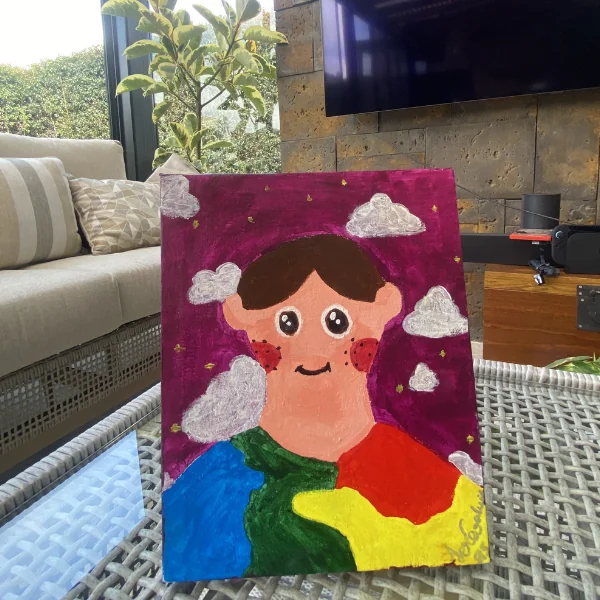 Portrait of a smiling boy surrounded by clouds on a purple background, artwork by Jerónimo Galvis