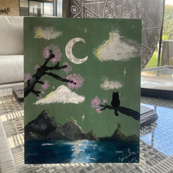 Night scene with moon, cherry blossoms and a black cat on a branch, artwork by Jerónimo Galvis
